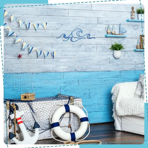 Vista 6 de Seeloowy Decoración de pared ondulada, alambre de metal azul, arte de pared con diseño de océano costero, playa, imágenes de surf, guardería