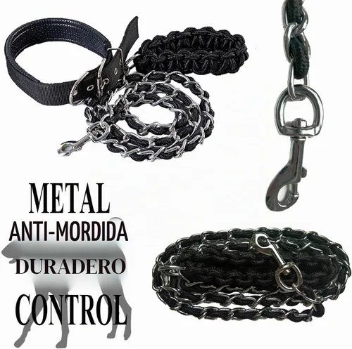 Vista 7 de Correa de metal para perro, correa de cadena con collar para mascotas, correas de entrenamiento para caminar, resistente, antimordeduras, gancho 360