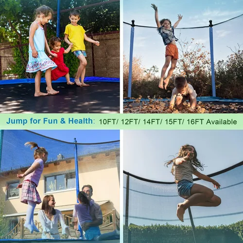 Vista 8 de Yoluckea 1500 libras 10 12 14 15 16 pies para adultos y niños con rociador, luces, aro de baloncesto, bolas de agua, 16 calcetines, trampolín