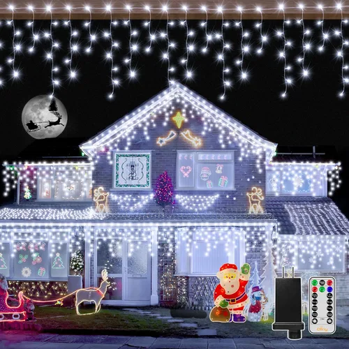 Vista 12 de Ollny Luces de Carámbano para Exteriores Blanco Frío, 600LED 49FT Luces de Navidad con Control Remoto 8 Modos Regulables, Impermeable Conectable