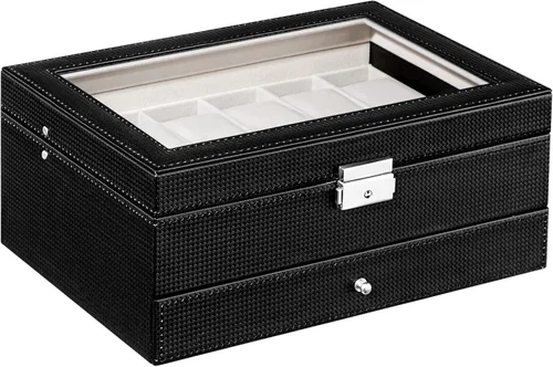 Vista 5 de Oyydecor Caja de reloj con 12 ranuras para relojes, organizador de joyas con cajón de joyas para almacenamiento y exhibición con cerradura (beige)
