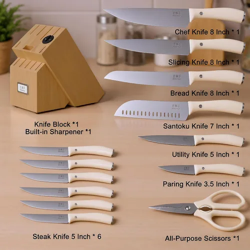 Vista 2 de WANGMAZI Juego de cuchillos de cocina de 15 piezas con afilador integrado, juego de cuchillos de cocina aptos para lavavajillas, cuchillos de acero