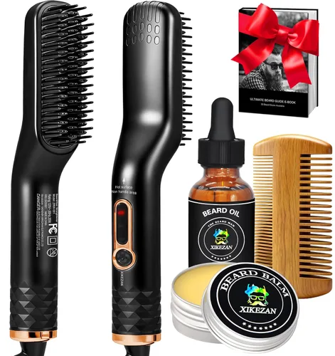 Vista 8 de Alisador de barba para hombres, cepillo térmico de alta calidad con función antiquemaduras, peine alisador de barba, regalo único para el día