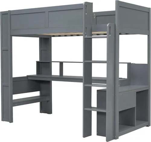 Vista 7 de Polibi Cama loft de tamaño individual para juegos con escritorio, LED y estación de carga, marco de cama loft de madera con estantes