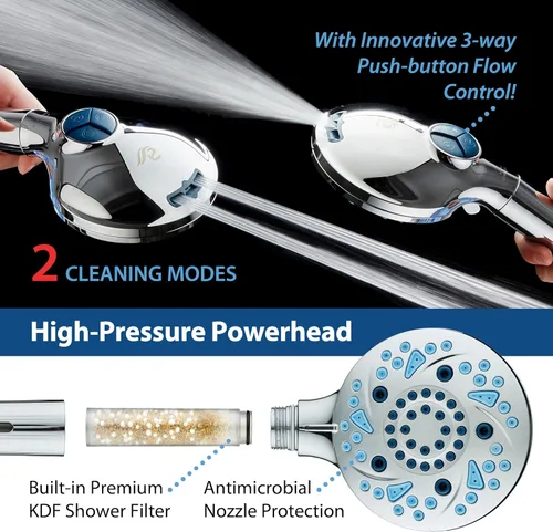 Vista 5 de AquaCare High Pressure 10 Spray Mode Filtered Showerhead - Handheld Shower Head Filters Chlorine to Heal Dry Skin, Revive Hair - Dual Power Wash