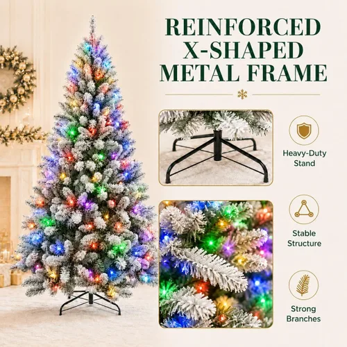 Vista 5 de Árbol de Navidad flocado de 6 pies preiluminado, árbol de Navidad Blanco (luz coloreada)