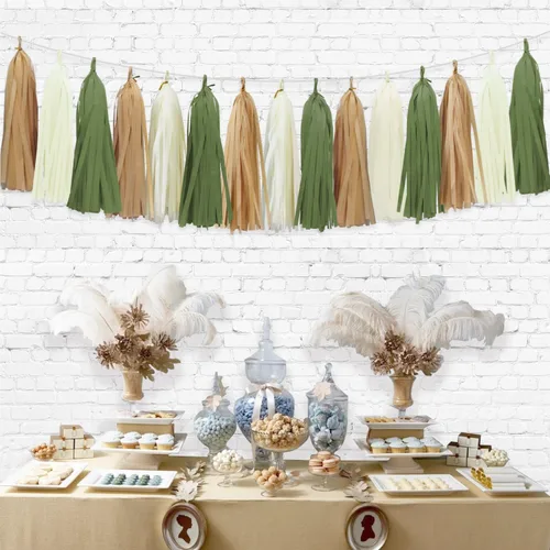 Vista 6 de Guirnalda de borlas verde salvia para decoración de baby shower, decoración retro verde para fiestas, safari, cumpleaños, 15