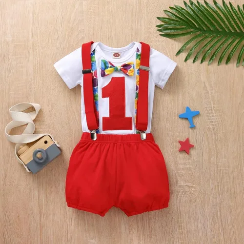 Vista 2 de Ropa divertida para el primer cumpleaños para bebé, ropa para bebé, corbatín, diseño de dinosaurio, conjunto de pantalones con tirantes