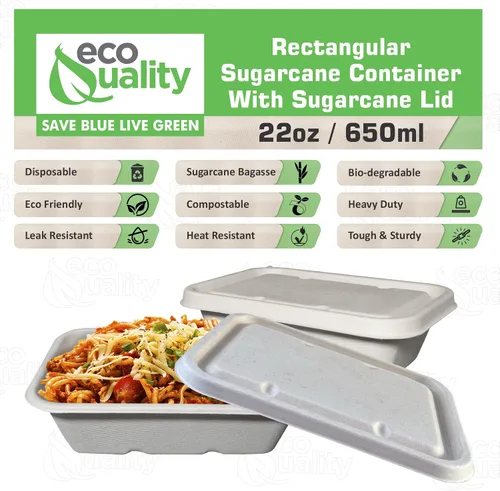 Vista 2 de EcoQuality Cuencos desechables de 22 onzas con tapas de fibra, cuencos rectangulares de papel biodegradable de fibra de caña de azúcar compostable