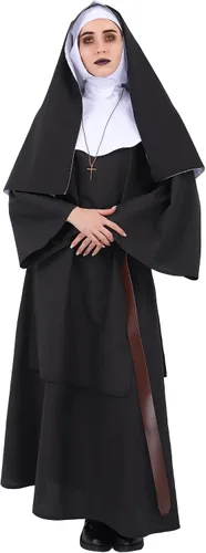 Vista 9 de DAZCOS Disfraz de cosplay de monja, bata medieval decente con pañuelo y cinturón para Halloween