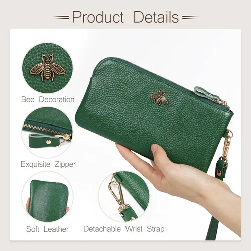 Vista 3 de imeetu Bolso de mano con asa para muñeca de cuero para mujeres, monedero para celular con correa para la muñeca A-manzana verde