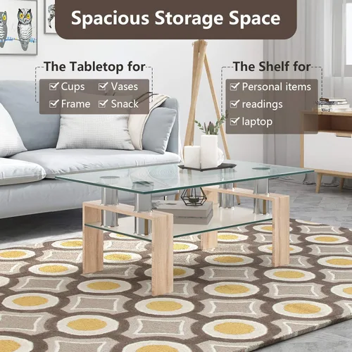 Vista 6 de Tangkula Mesa auxiliar rectangular de cristal, mesa auxiliar moderna con estante inferior, mesa de vidrio templado y patas de metal, adecuada