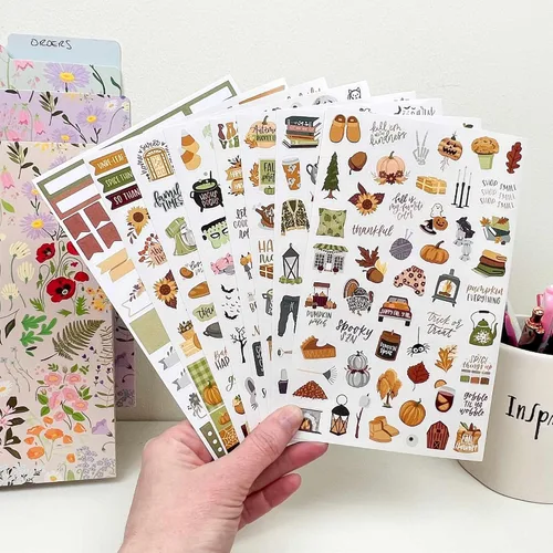 Vista 7 de bloom daily planners Paquete de calcomanías de expansión de otoño, 8 hojas/411 calcomanías, paquete variado de cosecha de otoño con Halloween