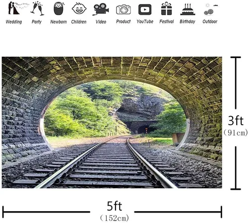 Vista 2 de Telón de fondo de pista de tren de 5 x 3 pies, túnel de montaña, ladrillo vintage, Sunmmer, paisaje, árboles verdes, sol, adulto, hombre, niño