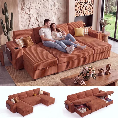 Vista 14 de WEUP Sofá cama modular de 111 pulgadas con cama extraíble, sofá de pana de felpa en forma de L de 7 asientos con diván de almacenamiento, puertos