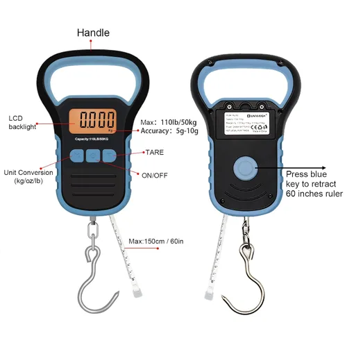 Vista 5 de Báscula de pesca impermeable con pinza de labio, báscula de equipaje colgante postal de 110 libras con gancho, báscula de mano digital con cinta