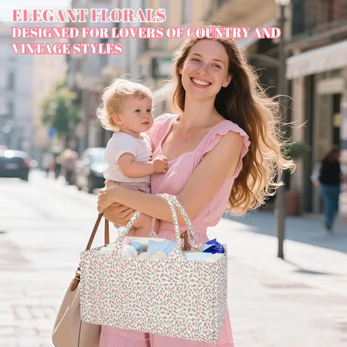 Vista 7 de Organizador de pañales acolchado floral, bolsa de pañales acolchada, elegante cesta de almacenamiento para guardería, regalo para baby shower
