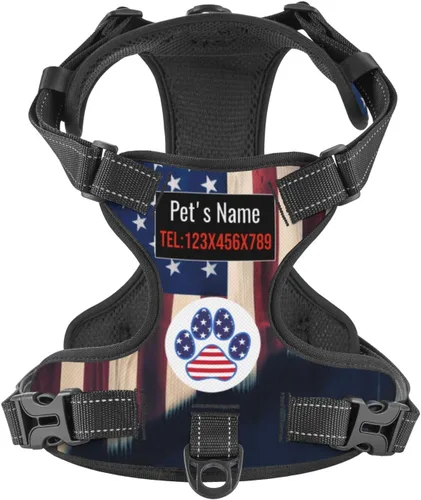 Vista 23 de Arnés personalizado para perro sin tirones, chaleco personalizado de hueso de perro con nombre de mascota, arnés reflectante ajustable personalizado