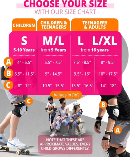 Vista 5 de SKATEWIZ Juego de almohadillas de protección para patineta para niños y adultos - Smash - Almohadillas para patines [6 piezas] con protectores
