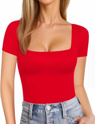 Vista 16 de MANGOPOP - Camisetas ajustadas de manga corta y manga larga con cuello cuadrado para mujer A01 Manga Corta Negro