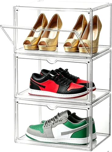 Vista 8 de Organizador de zapatos transparente, estuche apilable para zapatos, cajas de almacenamiento con puerta magnética, se adapta a tamaños de zapatos