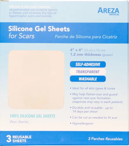 Vista 2 de Areza Medical Areza Medical - Hojas de gel de silicona para cicatrices de 4 x 4 pulgadas, tres hojas por caja; por Areza Medical (paquete de 3)