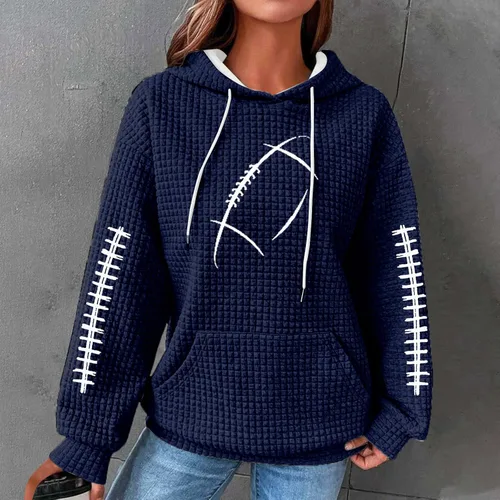 Vista 2 de Game Day Football Sweatshirt Women Fall Waffle Hoodies Pullover Graphic Oversized Casual Long Sleeve Hooded Tops