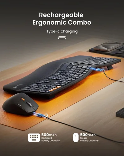 Vista 8 de ProtoArc Teclado y Ratón Inalámbrico Ergonómico, EKM01 Plus Combo de Teclado y Ratón Bluetooth Ergo de Tamaño Completo, Diseño Dividido