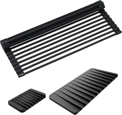 Vista 17 de Kraus Escurreplatos multiusos enrollable para encima del fregadero, con colador y esterilla en negro, KRM-10BLACK