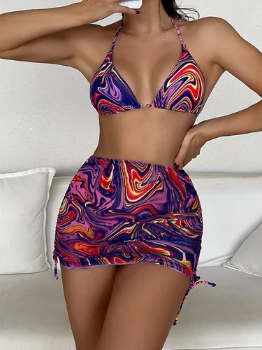 Vista 5 de SOLY HUX - Traje de baño de 4 piezas para mujeres, bikini triangular, falda de malla para la playa y bandana