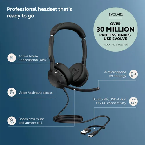 Vista 2 de Jabra Evolve2 50 - Auriculares de doble oreja con cable, auriculares con cancelación de ruido, auriculares Bluetooth para trabajar con micrófonos