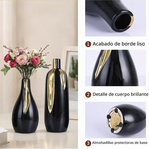 Vista 2 de Juego de 3 jarrones negros y dorados, jarrones decorativos modernos de cerámica para sala de estar, recámara, decoración artística, chimenea Negro