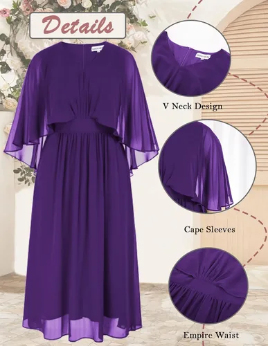 Vista 4 de Hanna Nikole Vestido de fiesta de noche de gasa con cuello en V para mujer, talla grande, manga capa, maxi vestidos para invitados de boda