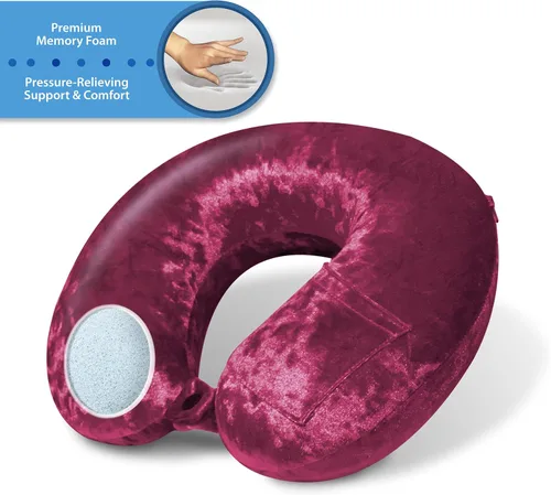 Vista 4 de Luxe Crushed Velvet Ultra Premium Comforlite Almohada de cuello de viaje en avión con máscara de dormir lujosamente suave a juego, color rojo