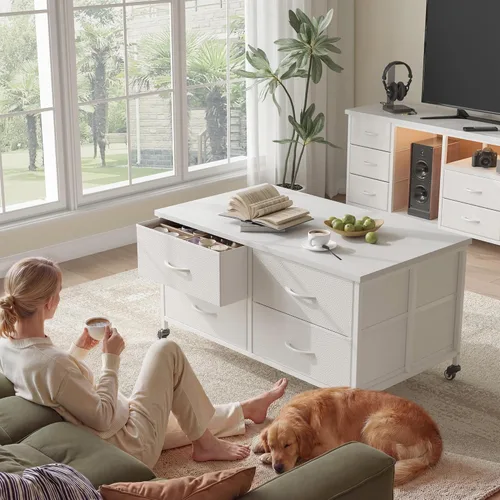 Vista 3 de EnHomee - Mesa de café con almacenamiento, mesas de café modernas para sala de estar con 4 ruedas, mesa central con cajón de tela y gran espacio