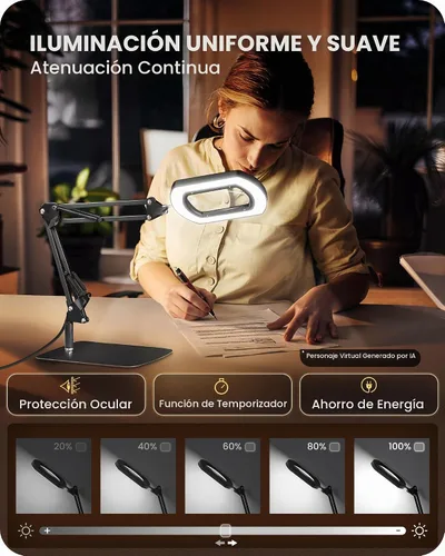 Vista 3 de Lupa cuadrada 10X con luz y soporte, lámpara de escritorio con luz LED 2 en 1 y abrazadera, 5 modos de color regulable continuo, lámpara
