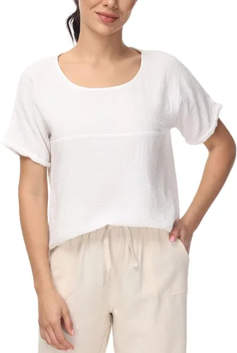 Vista 5 de Soojun - Blusa de algodón y lino para mujer, cuello redondo, diseño entramado