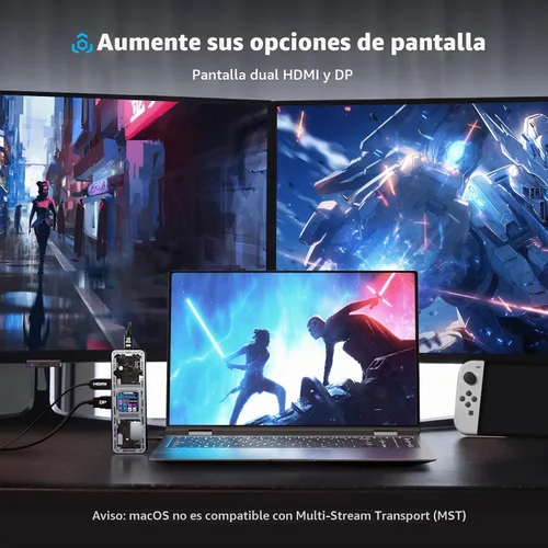Vista 3 de DOCKCASE Hub USB C Explorer Edition (10 en 1) con HDMI y DP de 4K a 60 Hz, Gigabit Ethernet, 1 USB-C y 3 puertos USB-A, entrega de energía de 100 W