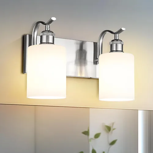 Vista 22 de Lámpara de tocador de baño de 3 luces, aplique de pared de níquel cepillado, lámpara de baño moderna con vidrio transparente, VL01BN-3 Níquel