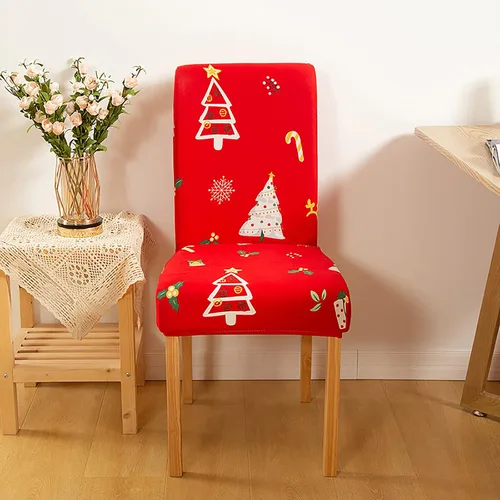 Vista 5 de Juego de 4 fundas protectoras para sillas de comedor navideñas, elásticas, extraíbles y lavables, fundas protectoras para sillas de comedor, fundas