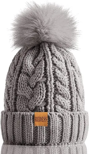 Vista 25 de Redess Gorro de invierno con pompón y forro polar cálido, grueso y holgado, tejido, para la nieve, para esquiar, para mujer Beige