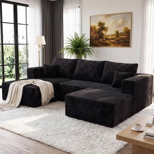 Vista 38 de Sofá modular en forma de L para sala de estar, sofá modular sin huesos con diván, sofá de pana con asiento profundo, no requiere montaje, negro