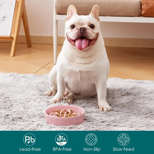 Vista 3 de vancasso Cuencos de alimentación lenta de cerámica para perros, cuencos de comida para perros con rompecabezas con laberinto floral, plato Rosa