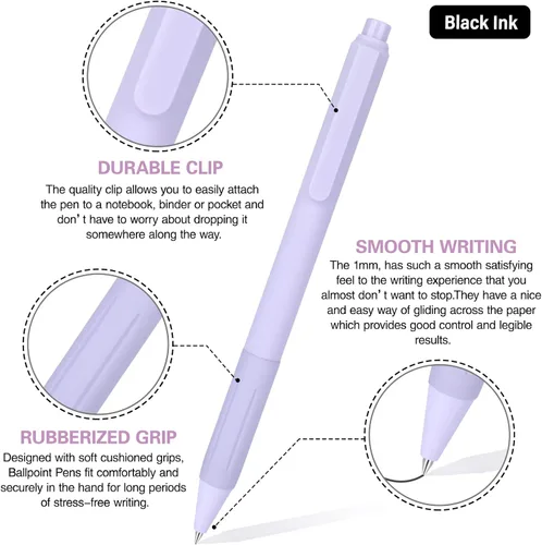 Vista 2 de Drawdart Paquete de 14 bolígrafos de bola, tinta negra de 1,0 mm de punto medio, lindos bolígrafos pastel para oficina, retráctiles - para escritura