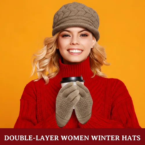Vista 20 de SATINIOR Juego de 4 gorros y guantes de invierno para mujer, gorro de punto cálido, gorro de esquí de nieve con visera y guante para pantalla rojo