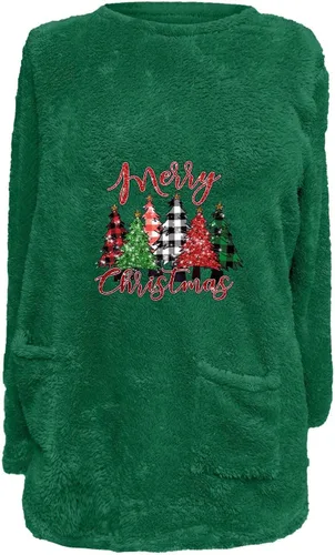 Vista 2 de Sudadera de sherpa para mujer, sudadera de Navidad con cuello redondo, sudadera gráfica de forro polar para invierno