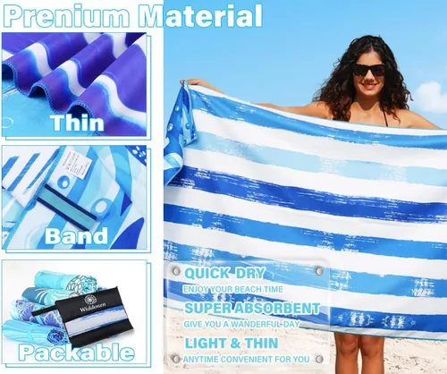 Vista 4 de Widdonen Toalla de playa de microfibra, compacta, paquete de 2 unidades, 71 x 32 pulgadas con bolsa de viaje Paquete de 2 Blue Peank Dream World
