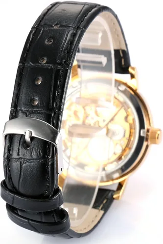 Vista 4 de Reloj de pulsera mecánico para hombre, correa de cuero con cuerda de esqueleto, Oro, Mecánico