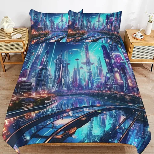 Vista 6 de Art Duvet Cover Full Size, Ultra Soft Microfiber Night Scenery Bedding Set, 3 Pieces City View Pattern Comforter Cover Set with Zipper Closure