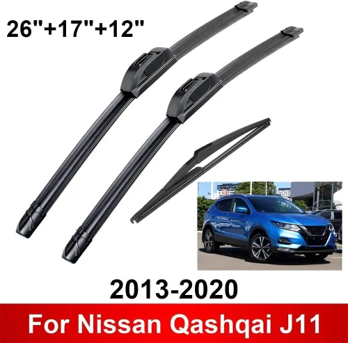 Vista 2 de Juego de 3 limpiaparabrisas delantero y trasero compatible con Nissan Qashqai J11 2013-2020 parabrisas ventana de 26 pulgadas + 17 pulgadas + 12